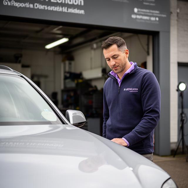 Professional car detailer reviewing paintwork beside a silver vehicle in South London
