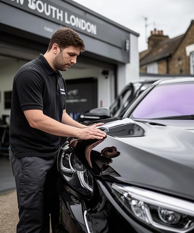 Detailer inspecting polished black car paint beside a Croydon workshop