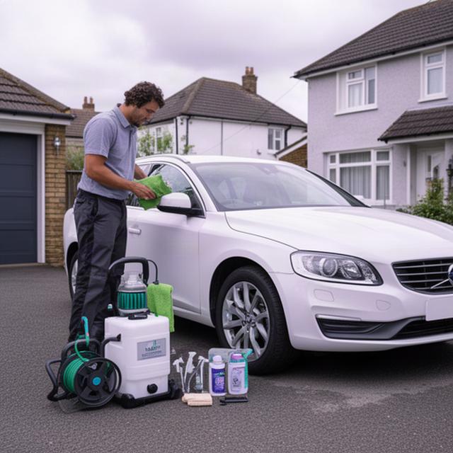Mobile detailing manager preparing water-saving cleaning equipment beside a family car
