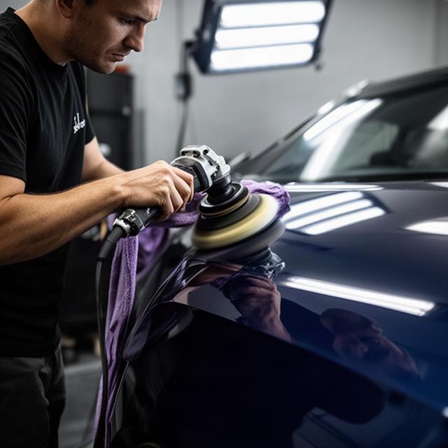 Paint correction specialist polishing a dark blue car under inspection lighting