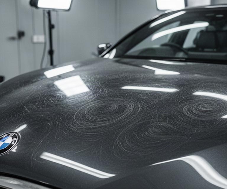 Dark BMW bonnet showing dense circular swirl marks in London detailing bay