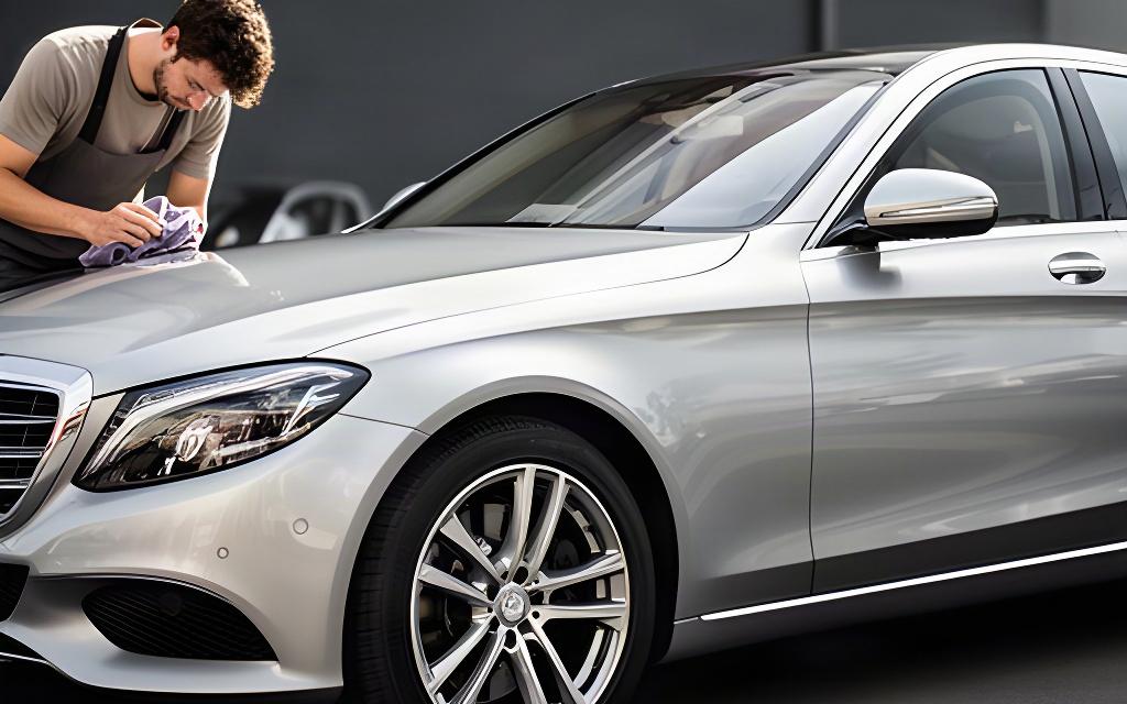 Glossy silver car receiving final paint and wheel detailing before a Croydon photoshoot