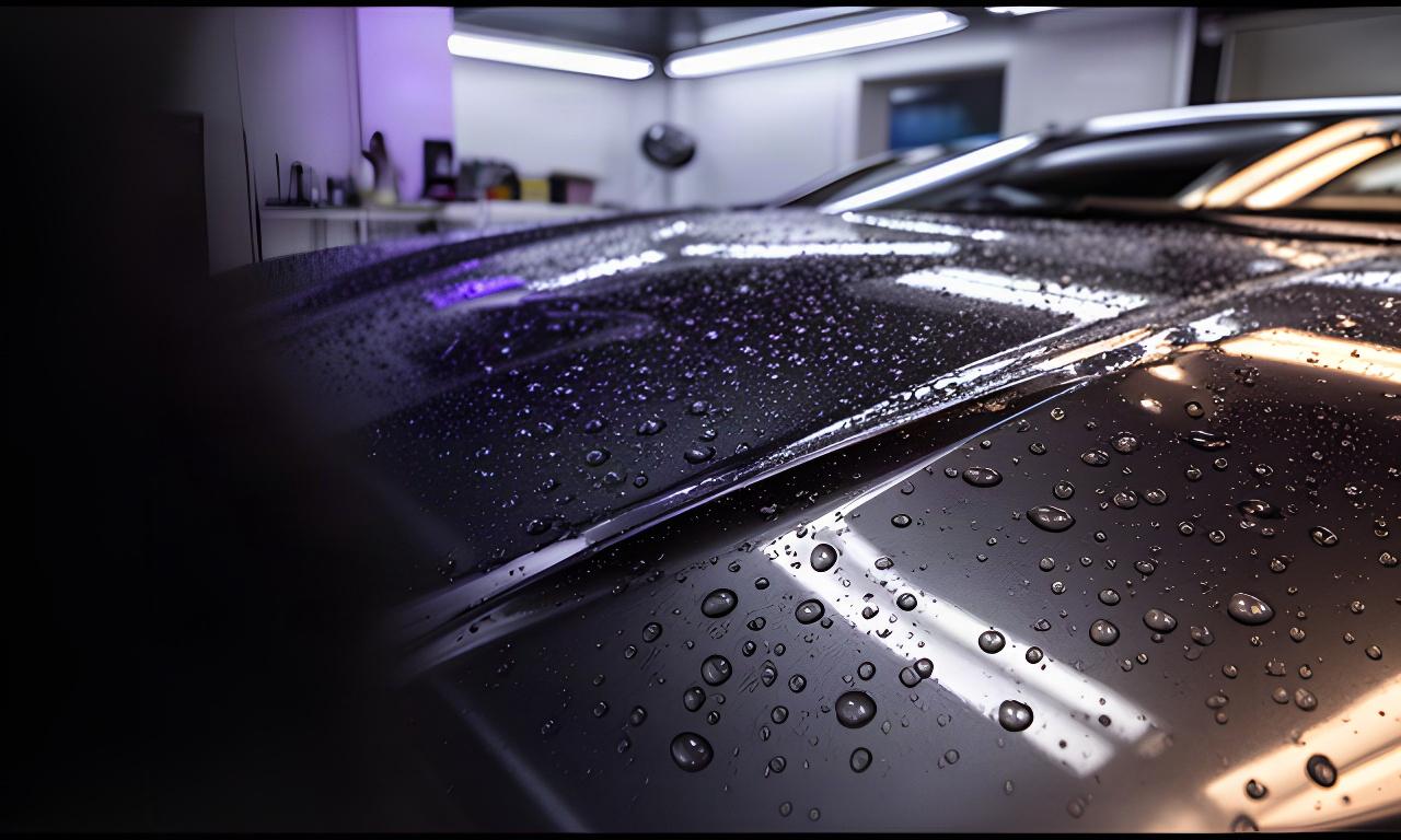 Water beading across a dark luxury car bonnet after ceramic coating at a South London detailing studio
