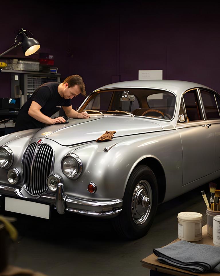 Silver vintage Jaguar receiving careful preservation detailing in a Croydon workshop