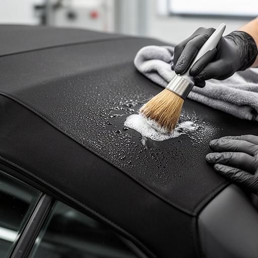 Black convertible soft top being brushed clean during specialist car care