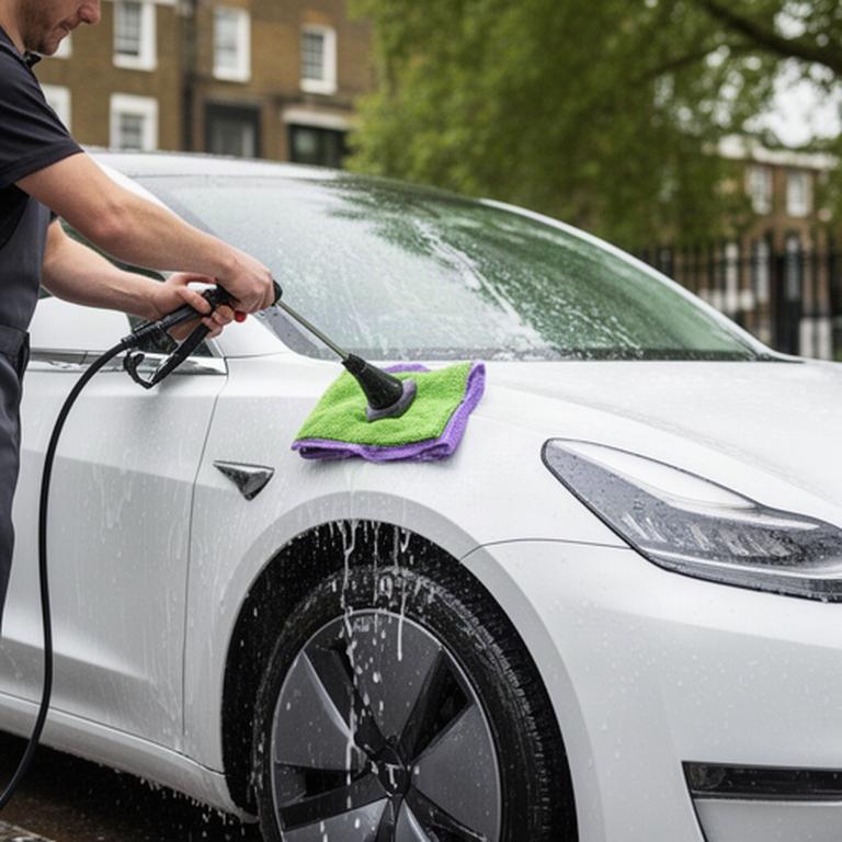 Detailer applying careful water-saving wash to a white electric car in London