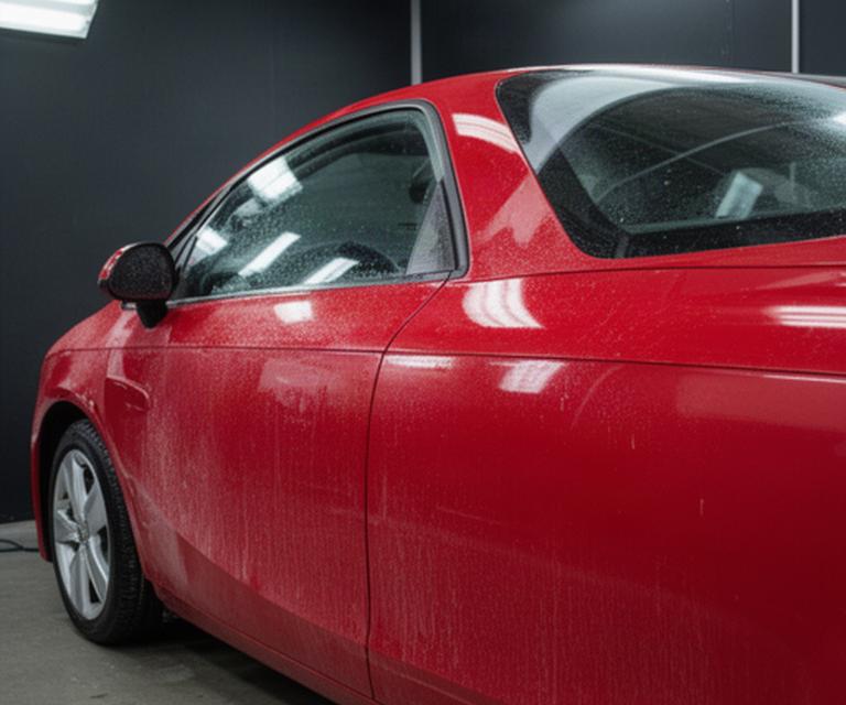 Red Audi with tired paint and visible wash marks before lease return preparation