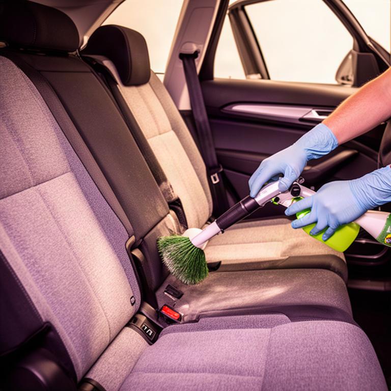 Family SUV interior being cleaned carefully around child seat fittings and fabric upholstery