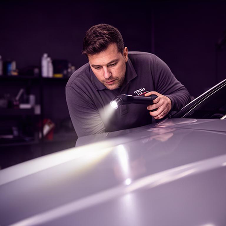 Detailing founder inspecting silver vehicle paint with a light in a Croydon studio