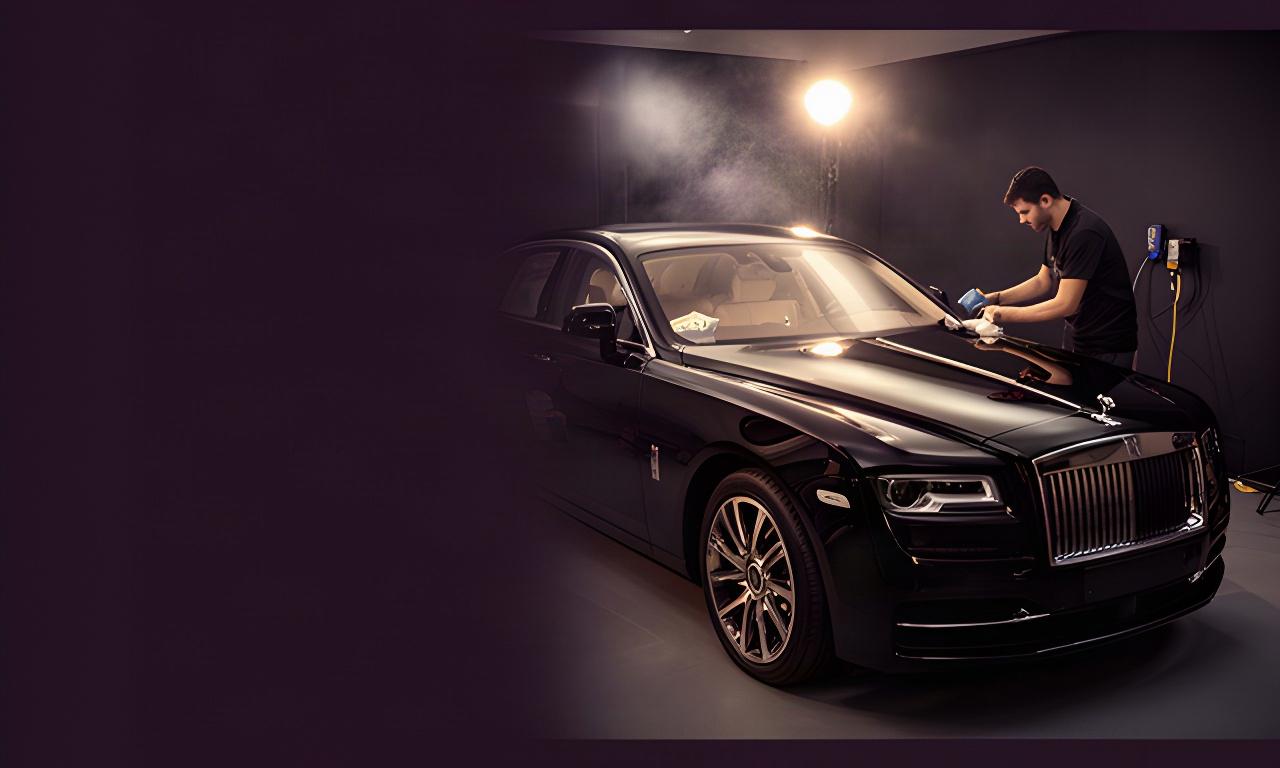 Glossy black luxury car receiving final detailing under focused studio lights in Croydon