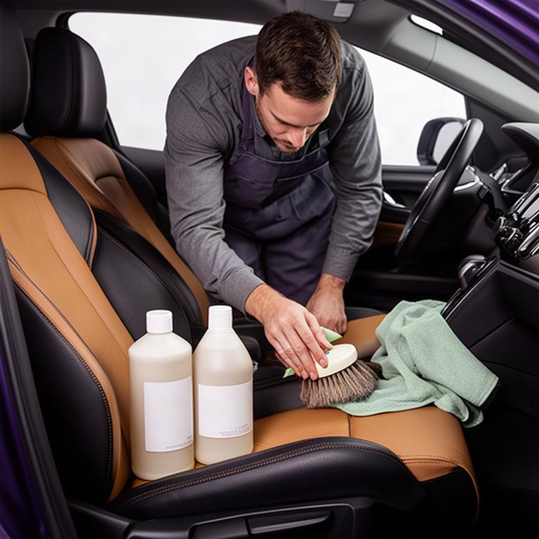 Interior detailing specialist cleaning leather car seats with allergy-aware products