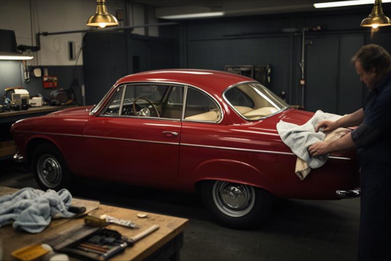 Red classic Jaguar receiving careful paint preservation in a quiet specialist garage
