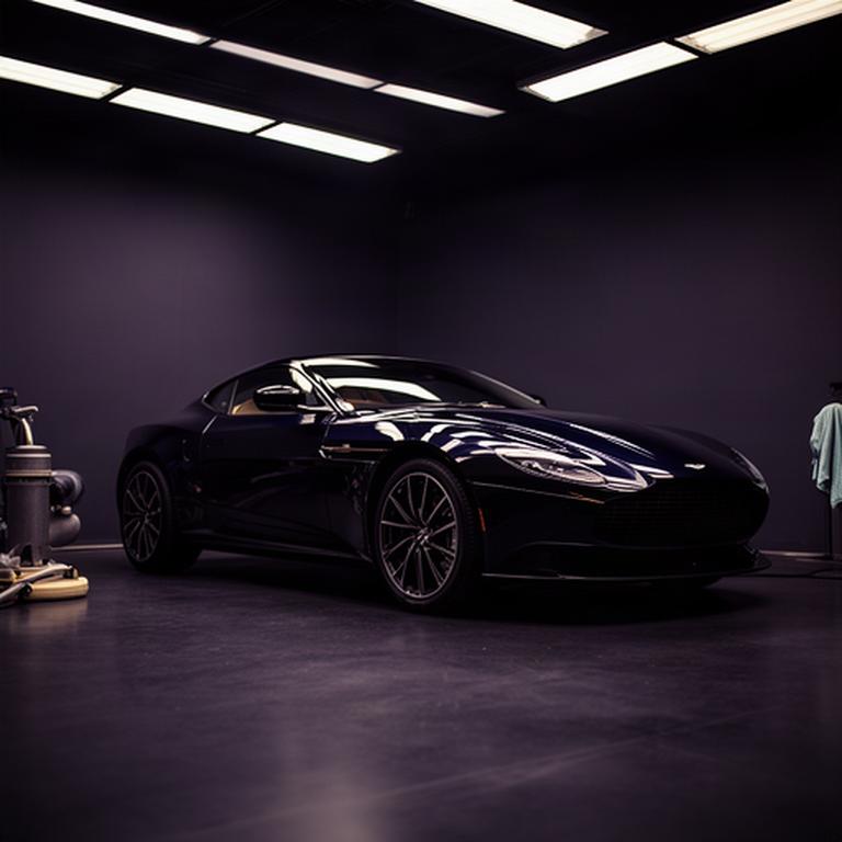 Luxury performance coupe with glossy corrected paint inside a dark detailing studio
