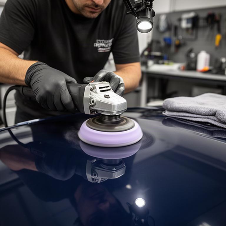 Paint correction specialist polishing a dark blue car panel with a controlled machine polisher