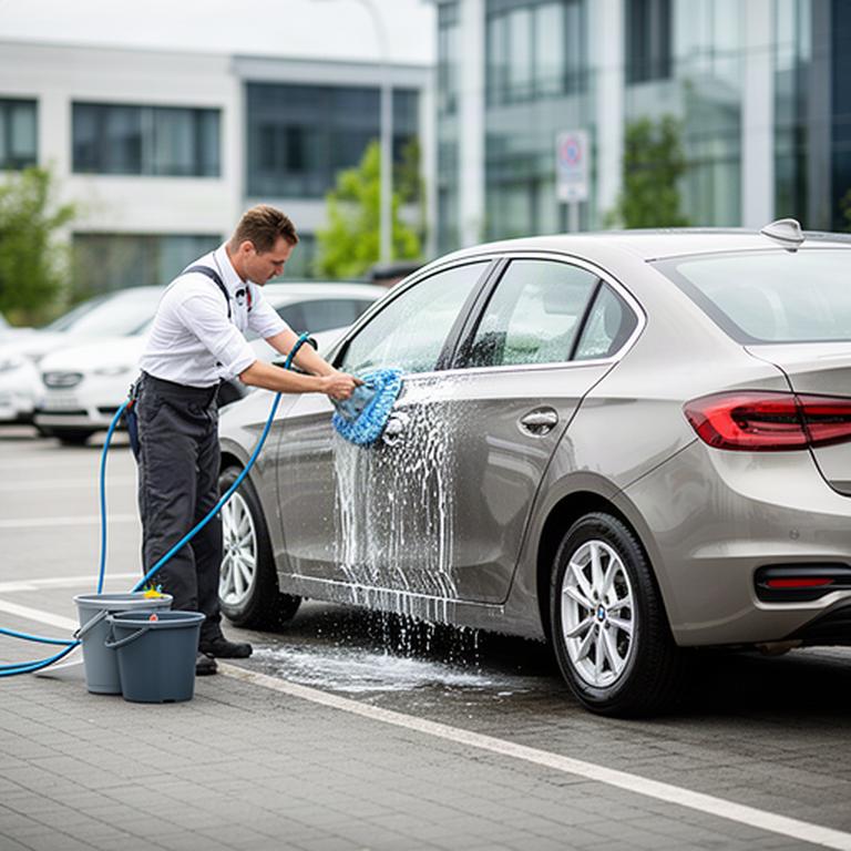 Professional commuter car receiving a neat exterior hand wash at an office car park