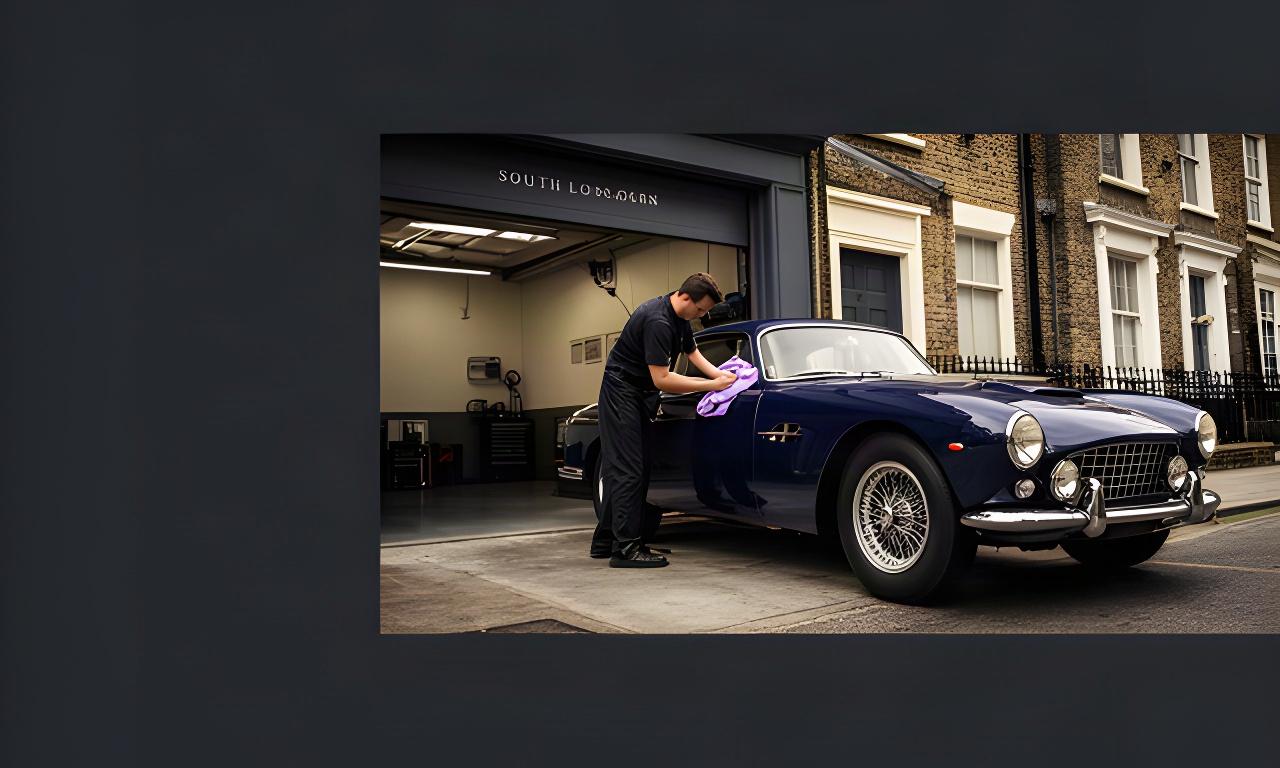 Deep blue classic grand tourer receiving hand detailing beside a London garage