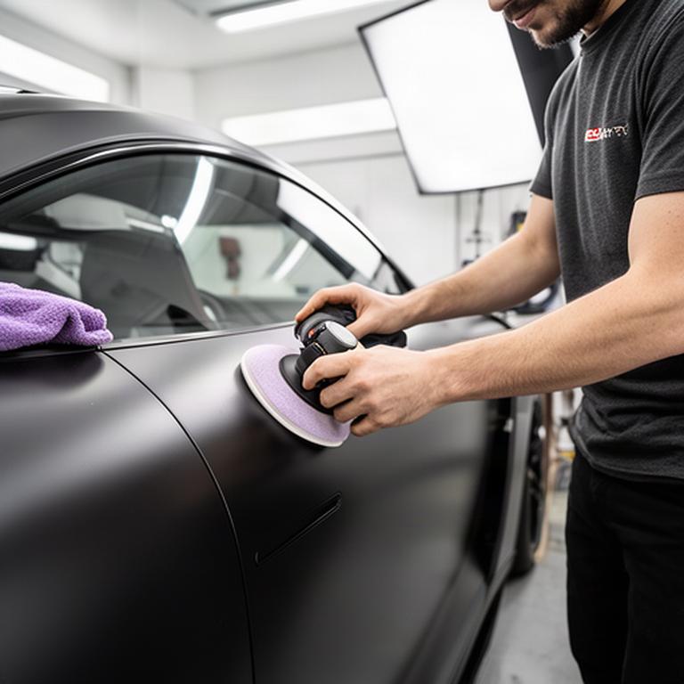 Detailer applying a matte-safe ceramic coating to a wrapped performance car in a clean workshop