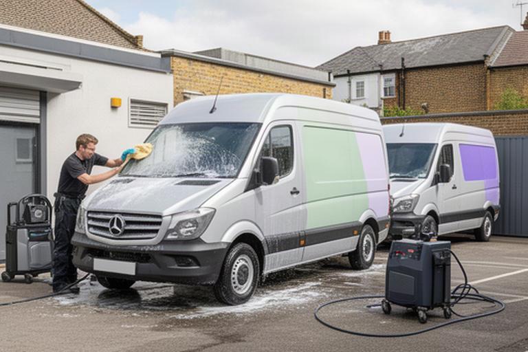 Two branded delivery vans being cleaned on a small business yard in South London