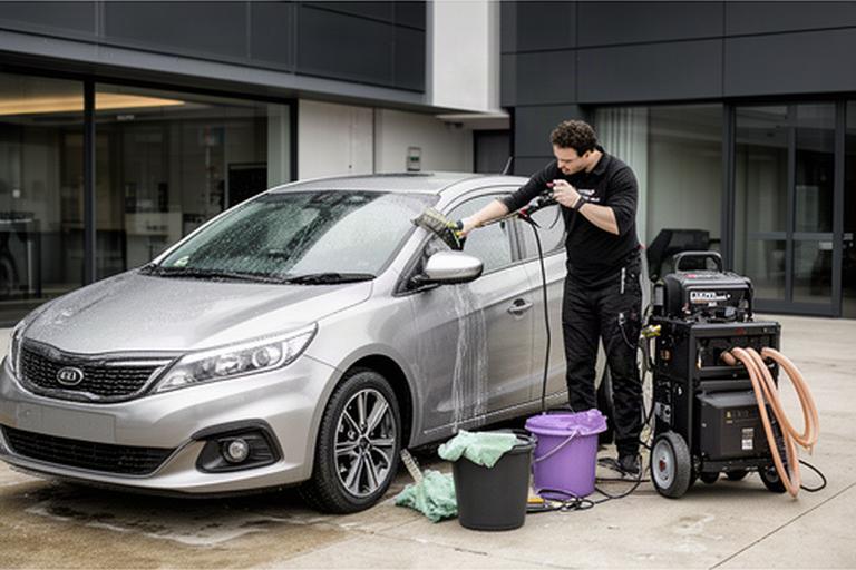 Detailer cleaning a silver car outside a Croydon workplace with professional mobile equipment