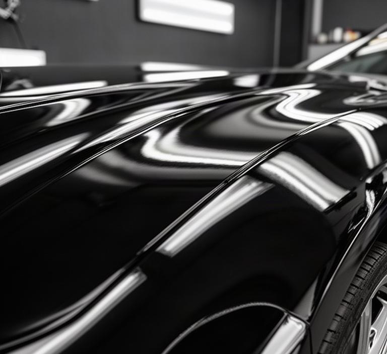 Black executive car panel with deep gloss after multi-stage paint correction
