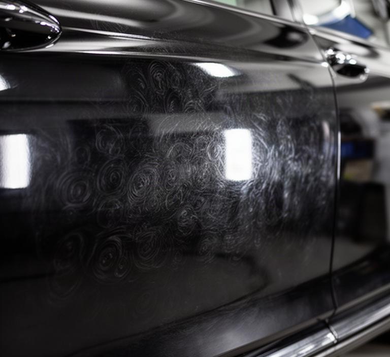 Black executive car panel covered in swirl marks under detailing lights