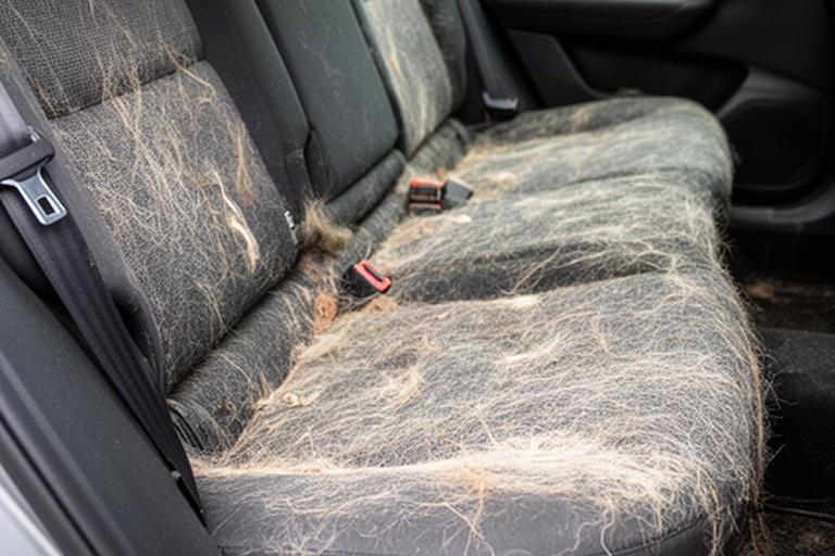 Fabric rear car seat covered in dog hair before interior detailing