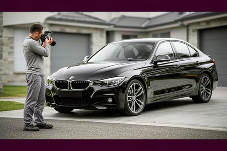 Detailer photographing a polished black car outside a Croydon property for an online sale listing