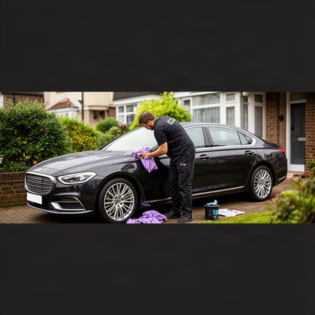 Detailer cleaning a dark executive car outside a Croydon home during a scheduled maintenance visit