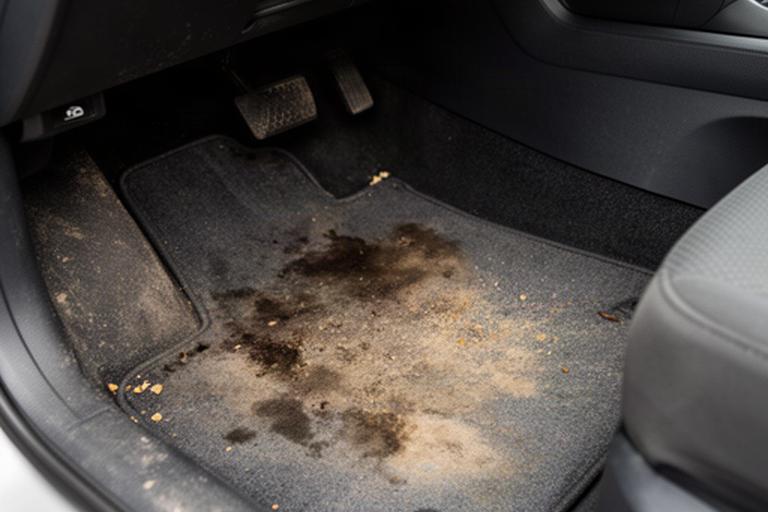 Stained front footwell carpet in a family car before extraction cleaning